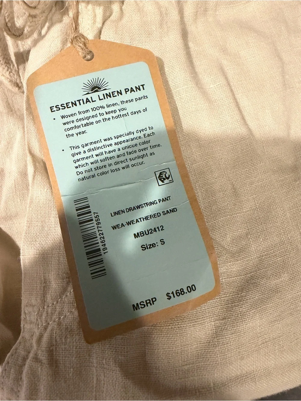 Men Faherty Essential Drawstring Linen Pant Weathered Sand SMALL NWT